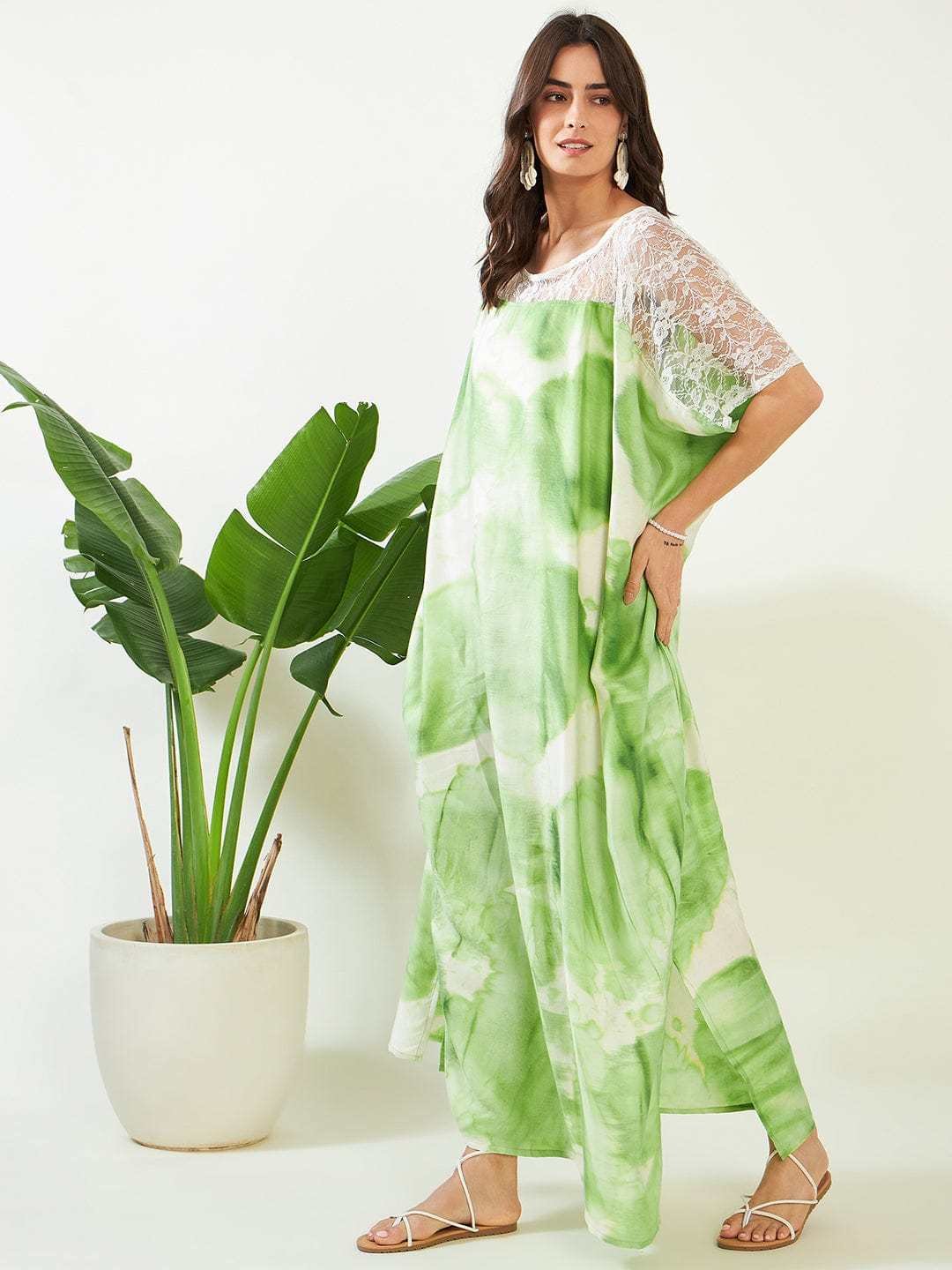 Women's Cotton Tie Dye Print Lace Trim, V-Neck, Full Length, Beach Casual Wear, Spring Collection Kaftan ( Green White )