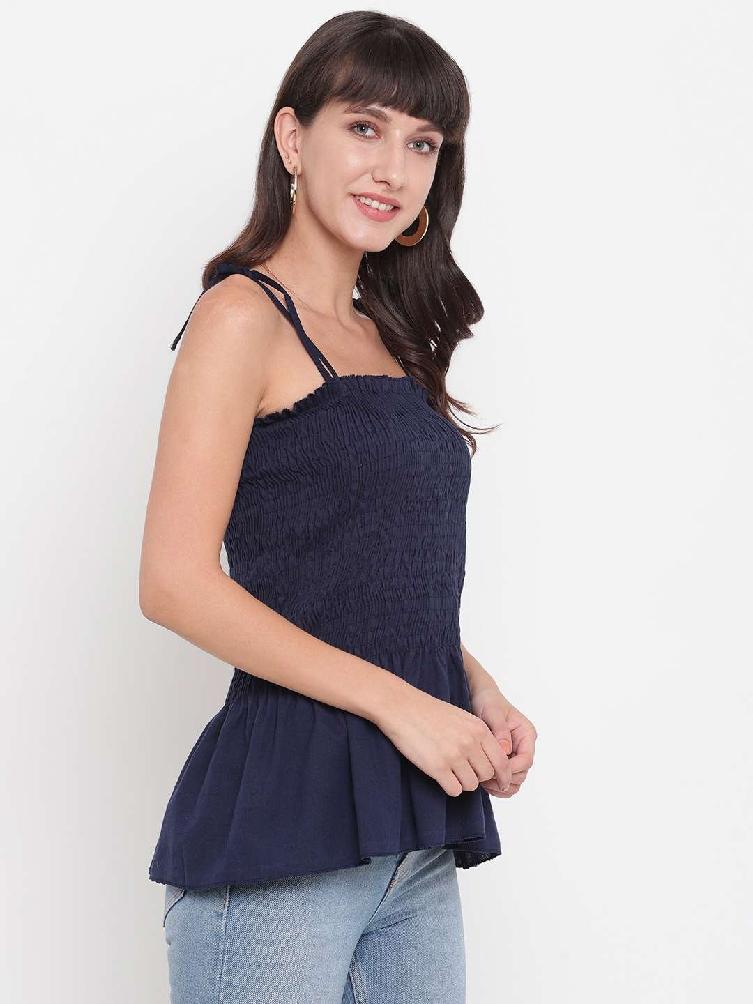 Women's Rayon Solid Casual Summer Style Tie Shoulder Straps Free Size Tank Top (Dark Blue)